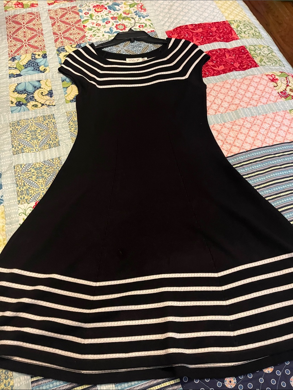 Eliza J Black Fit-and-Flare Dress with White Stripes